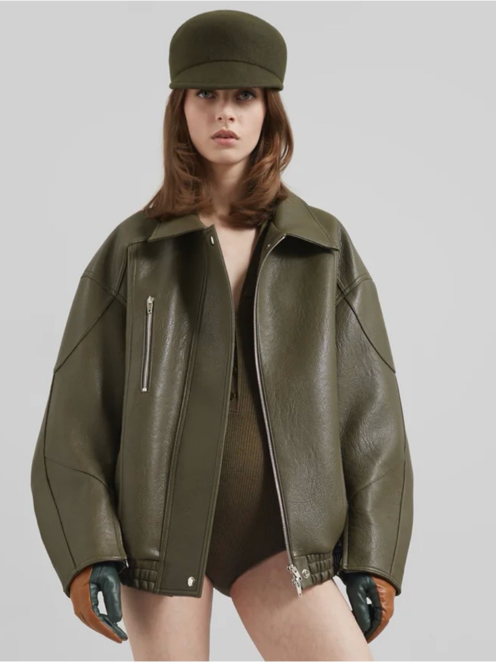 The Frankie Shop Olive Green Leather Bomber Jacket XS / S